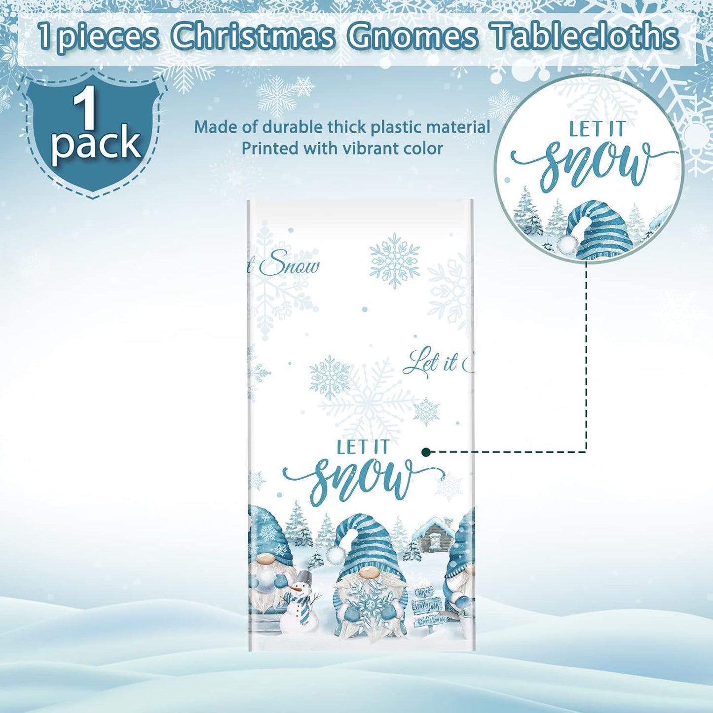 1 Pcs Christmas Winter Gnome Tablecloth, Plastic Disposable Christmas Let It Snow Snowflake Xmas Tree Ice Blue Table Cover for Xmas Winter Holiday Themed Party Decorations and Supplies, 54 X 108 Inch