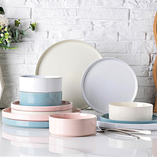 12-Piece Speckled Dinnerware Set for 4, Chip and Scratch Resistant Stoneware Plates and Bowls with Glazed Bottom, Dishwasher and Microwave Safe, Multi-Color