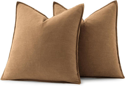 Decorative Linen Pillow Covers 18X18 Inch Brown ​Boho Farmhouse​ ​Neutral Couch Throw Pillows for Bed Pack of 2 Accent Modern Pillowcase Sofa Livingroom Home Decor