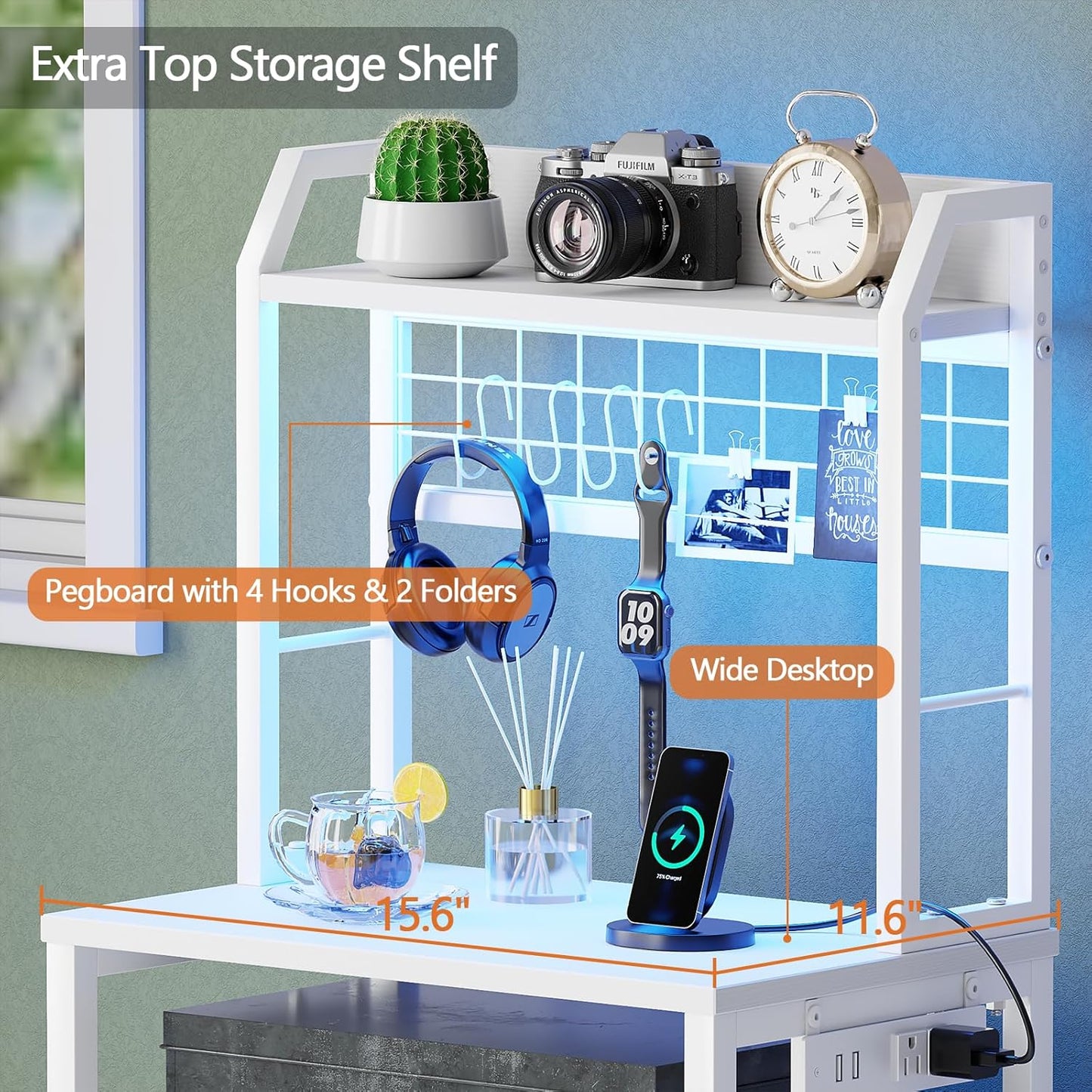 40'' Tall Nightstand with Charging Station, Bedside Table with LED Lights, End Table with 2 Drawers and Storage Shelves, Night Stand with Pegboard for Bedroom, White