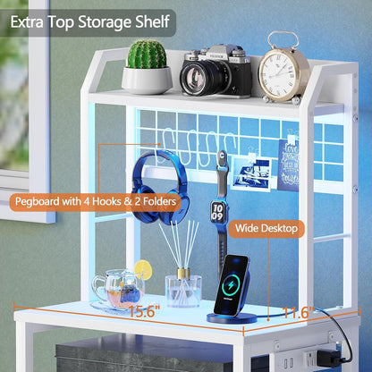 40'' Tall Nightstand with Charging Station, Bedside Table with LED Lights, End Table with 2 Drawers and Storage Shelves, Night Stand with Pegboard for Bedroom, White