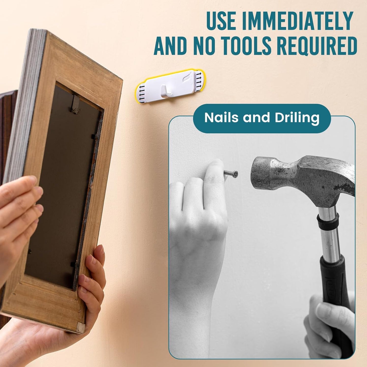 Picture Hangers 4 Pack, Adhesive Hanging Hooks without Nails, No Damage Sawtooth Hangers, Art Hanger for Bathroom Kitchen Home Door Closet, Inclue 2 Extra Strips