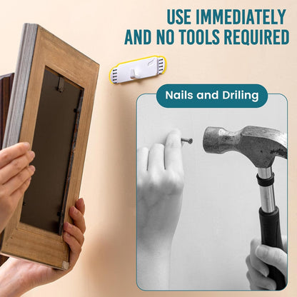 Picture Hangers 4 Pack, Adhesive Hanging Hooks without Nails, No Damage Sawtooth Hangers, Art Hanger for Bathroom Kitchen Home Door Closet, Inclue 2 Extra Strips