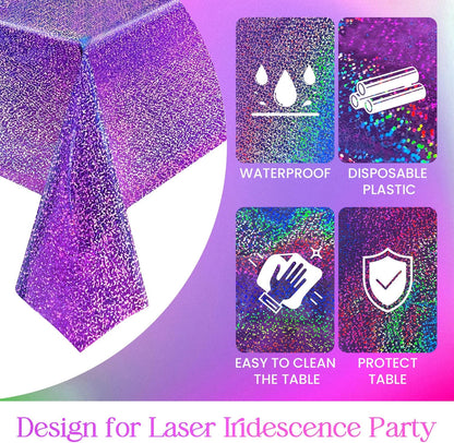 Set of 2 Black and Purple Holographic Laser Tablecloths - Iridescent Shiny Table Covers (40" x 108") for Halloween, Birthday Parties, and Wedding Events