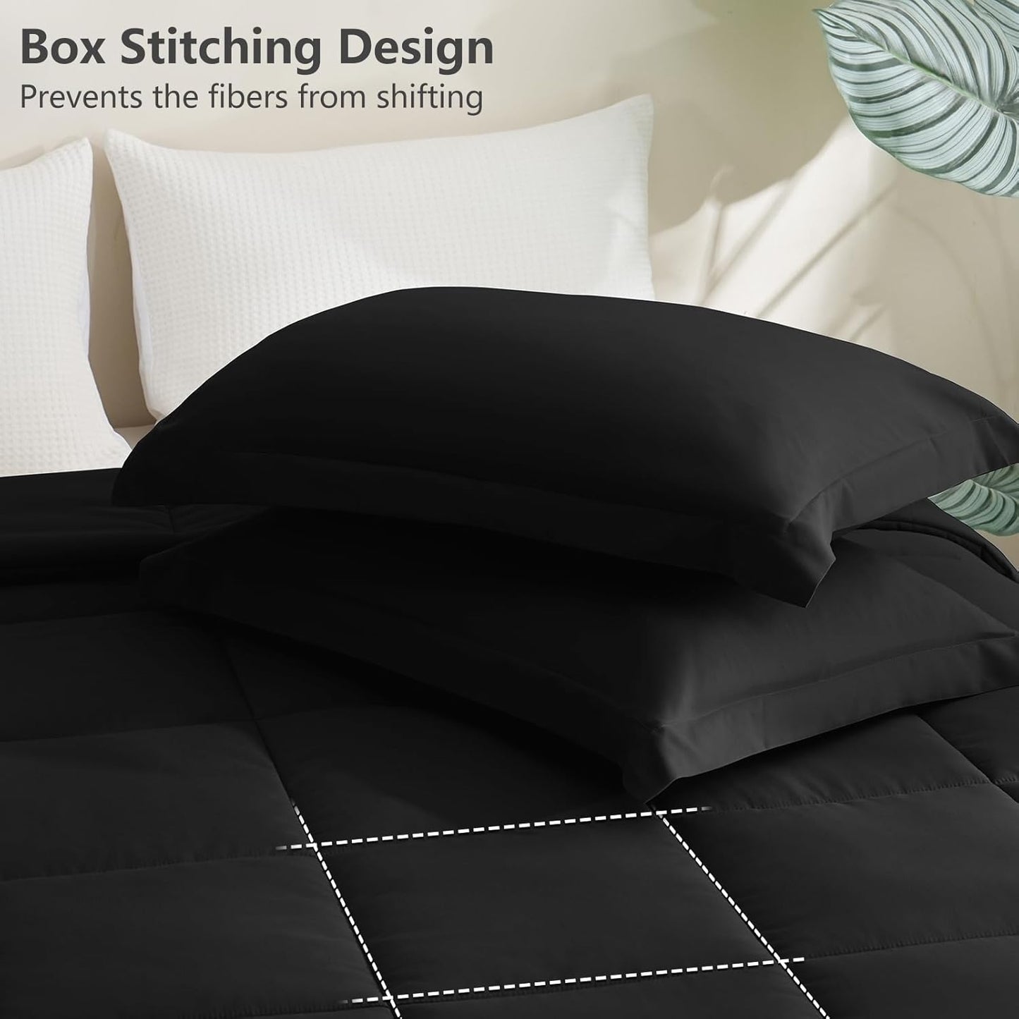 Queen Comforter Set Black - 3 Pieces Box Stitched Comforters Queen Size, Soft Bed Set for All Seasons, Lightweight Bedding Sets with 1 down Alternative Comforter and 2 Pillow Shams