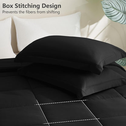 Queen Comforter Set Black - 3 Pieces Box Stitched Comforters Queen Size, Soft Bed Set for All Seasons, Lightweight Bedding Sets with 1 down Alternative Comforter and 2 Pillow Shams