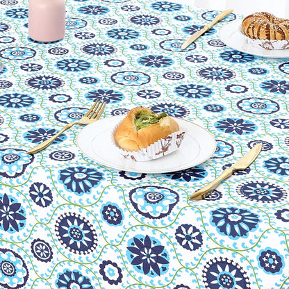 Rectangle Waterproof Vinyl Table Cloth, Wipeable Tablecloth with Flannel Backing, Plastic Table Cover for Dinner, Picnic, Indoor and Outdoor (Navy Mandala, 60" X 84")