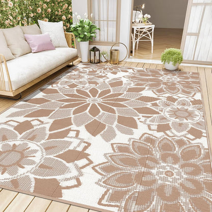 Reversible Waterproof Outdoor Rug for Patio, 6' x 9' Plastic Straw Area Mat, Ideal for RVs, Decks, Porches, Picnics, Beaches, and Balconies in Brown and White