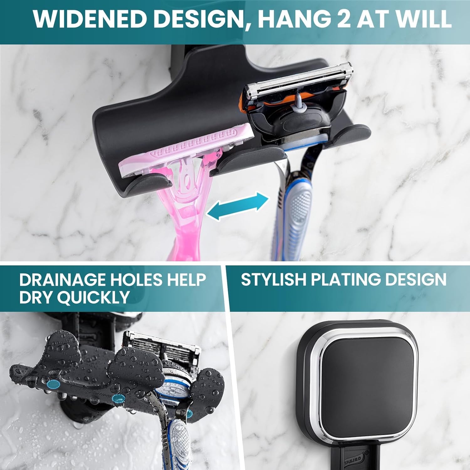 Suction Cup Razor Holder for Shower Wall 2 Pack, Versatile Suction Cup Hooks for Razor, Towel, Loofah, Squeegee, Cell Phone, Removable Damage-Free Hanging Shower Hook, Shaver Holder, Black