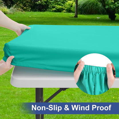 2 Pack 6 Foot Rectangle Elastic Fitted Tablecloth, Waterproof Fabric Table Cover, Washable Polyester Table Cloth for Picnic, Camping, Outdoor (Teal, 30" X 72")