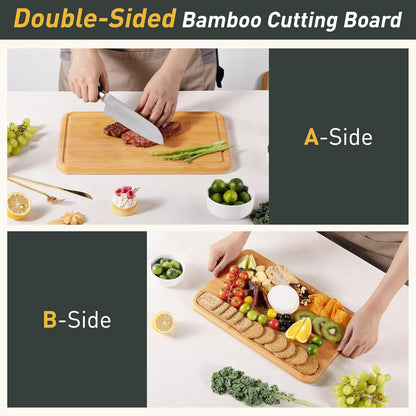 1 Piece Bamboo Cutting Board Wood Cutting Boards for Kitchen with Deep Juice Grooves Built-In Handles Ideal Charcuterie Chopping for Meat Vegetables and Fruits