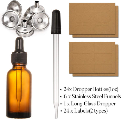 24 PCS, 1 Oz Dropper Bottles for Essential Oils with 6 Funnels & 1 Long Glass Dropper - 30Ml Amber Glass Bottle with Eye Droppers - Tincture Bottles, Leak Proof Travel Bottle for Liquids