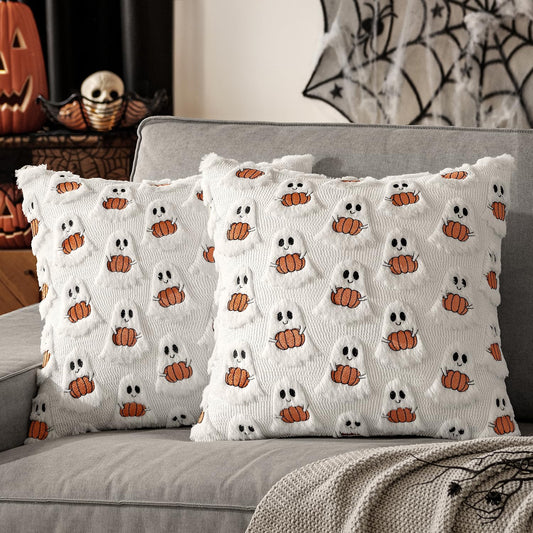 Halloween Pillow Covers Decorative Fall Cute Ghost Plush Faux Fur Pillows 18X18 Inch Set of 2 Soft Pumpkin Accents for Sofa Couch Bed Living Room Festive Home Decor, White Rust