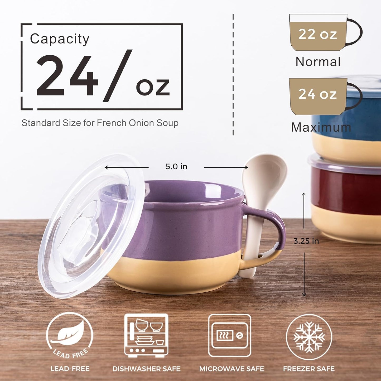 Ceramic Soup Mugs with Handles and Lids, 24 oz Set of 2 with Terracotta Underside, Versatile Mug Bowls with Spoon for Soup, Cereal, Salad, Noodles, and Ramen - Microwave and Dishwasher Safe in Green and Purple
