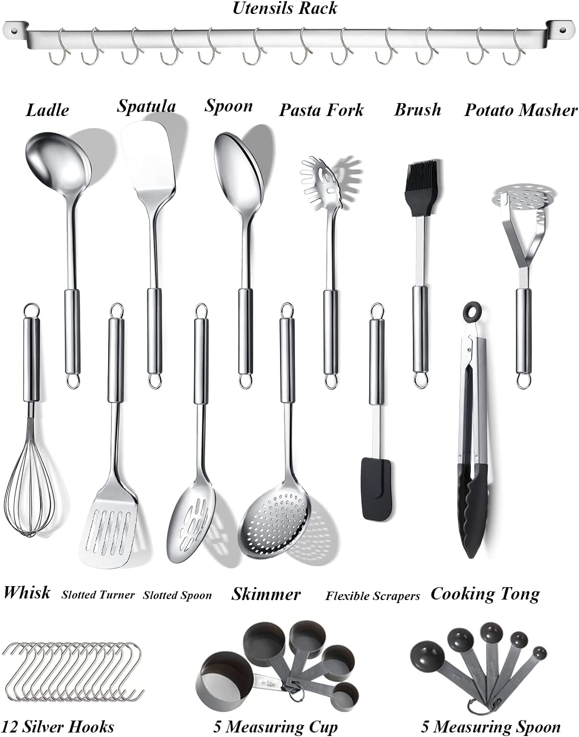 38-Piece Stainless Steel Kitchen Utensils Set with Holder Rack and Hooks, Dishwasher Safe Cooking Tools