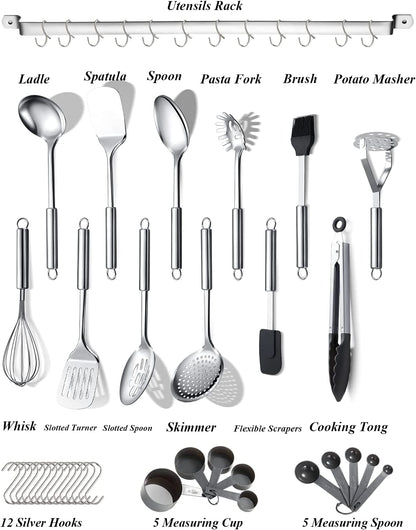 38-Piece Stainless Steel Kitchen Utensils Set with Holder Rack and Hooks, Dishwasher Safe Cooking Tools