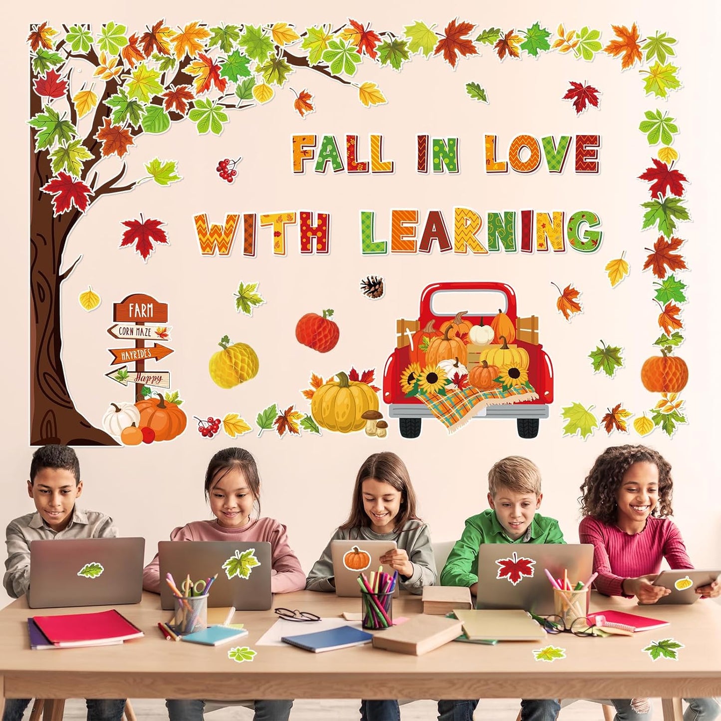 89Pcs Fall in Love with Learning Bulletin Board Decorations Set Fall Tree Pumpkin Maple Leaves Cutouts with Glue Points for Thanksgiving Autumn Home School Classroom Wall Chalkboard Decor