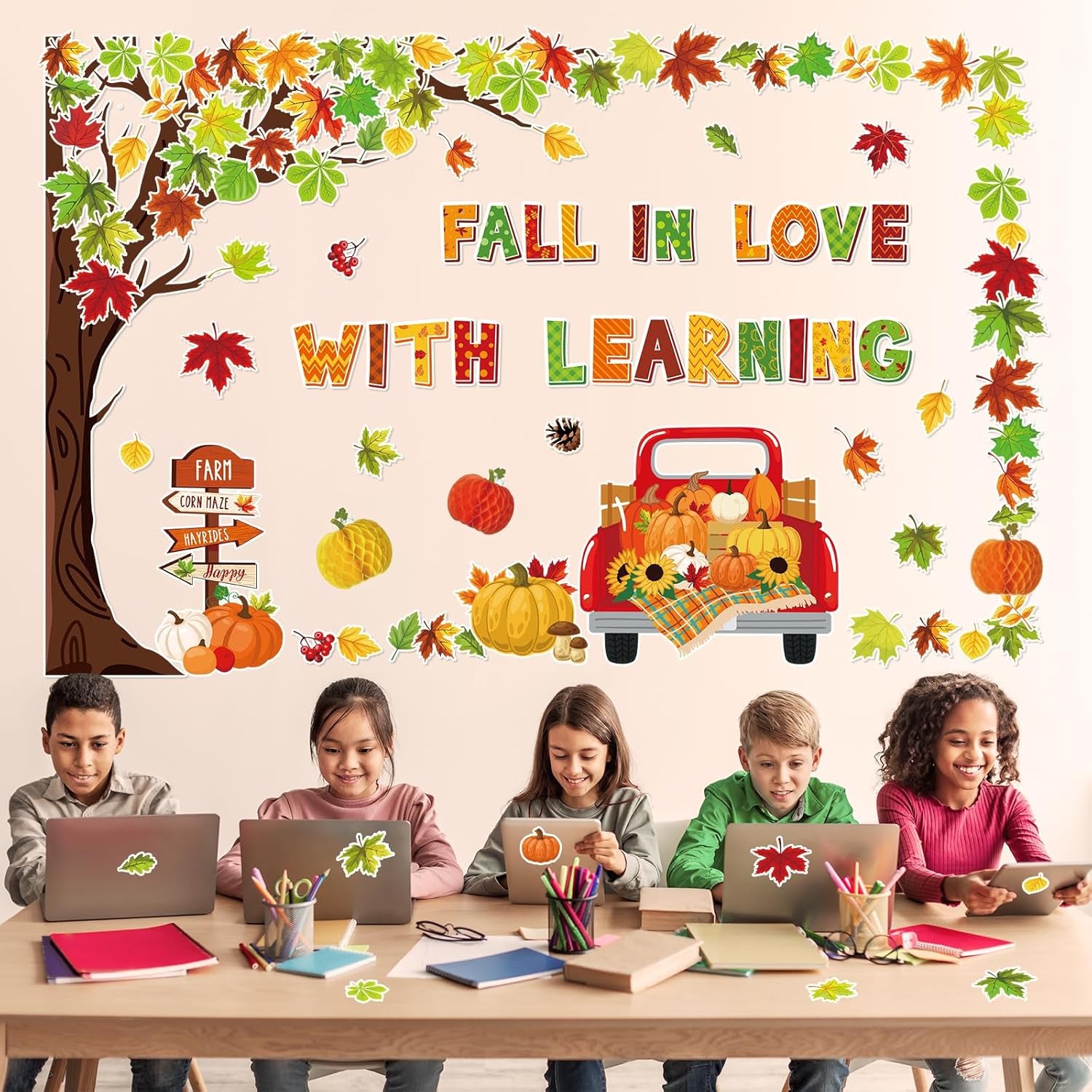 89Pcs Fall in Love with Learning Bulletin Board Decorations Set Fall Tree Pumpkin Maple Leaves Cutouts with Glue Points for Thanksgiving Autumn Home School Classroom Wall Chalkboard Decor