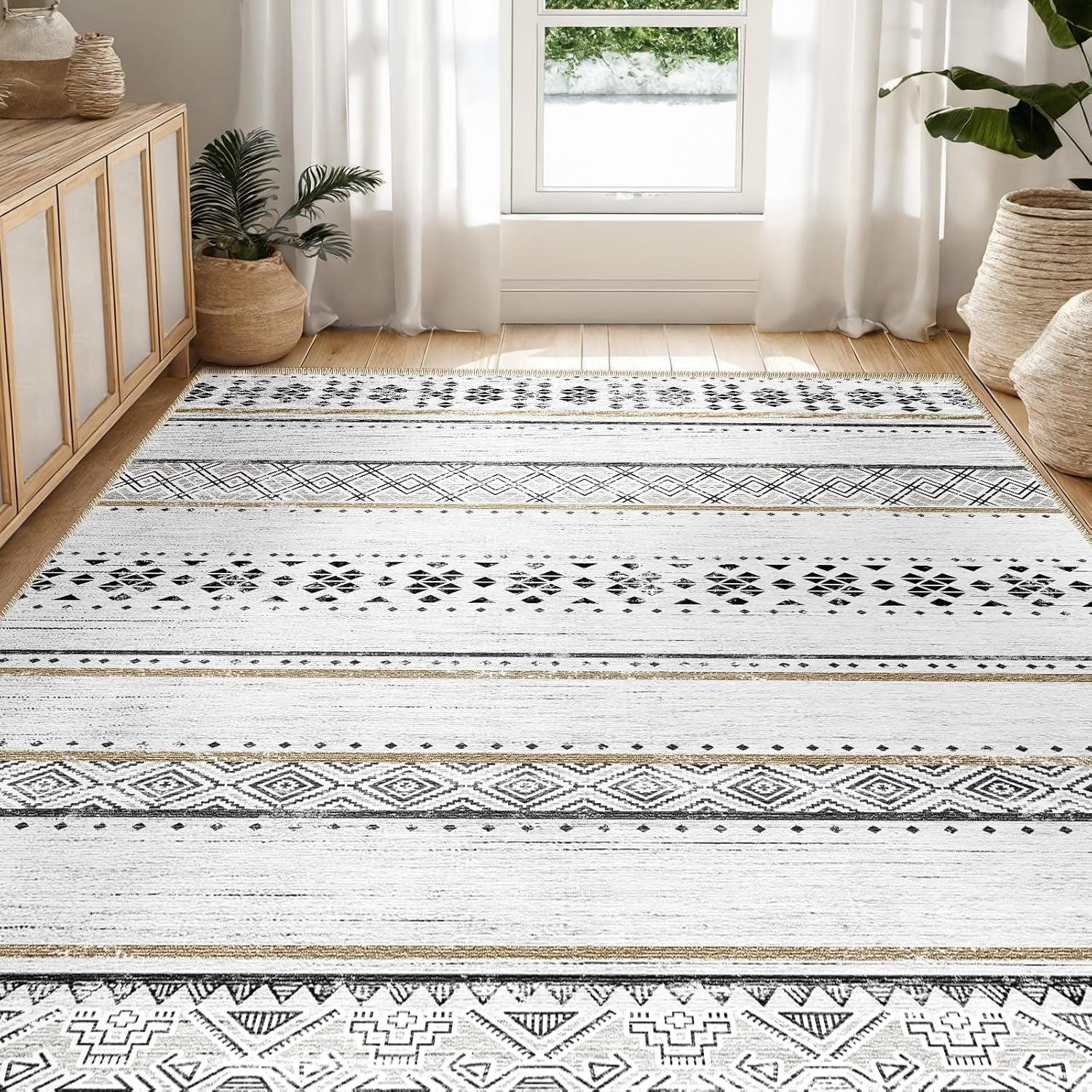 8X10 Area Rugs for Living Room Washable Moroccan Farmhouse Neutral Geometric Low Pile Non-Slip Soft Print Pattern Rug for Bedroom Kitchen Dining Room Entryway Black/Brown