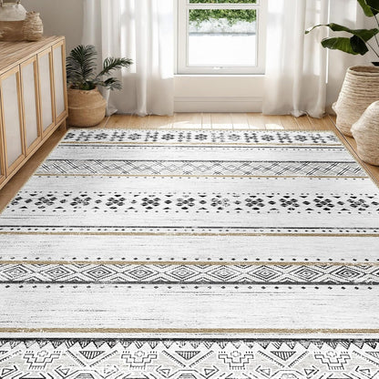 8X10 Area Rugs for Living Room Washable Moroccan Farmhouse Neutral Geometric Low Pile Non-Slip Soft Print Pattern Rug for Bedroom Kitchen Dining Room Entryway Black/Brown