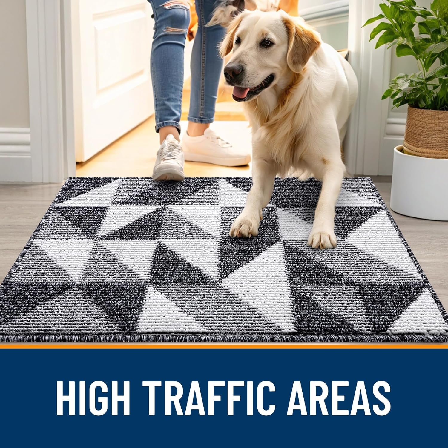 Door Mat Indoor Entrance Washable 32X20, Odor-Free Low-Profile Front Back Geometric Doormat, Absorbent Resist Dirt Entry Carpet, Easy to Clean Sturdy inside Floor Mats for Entryway, Black