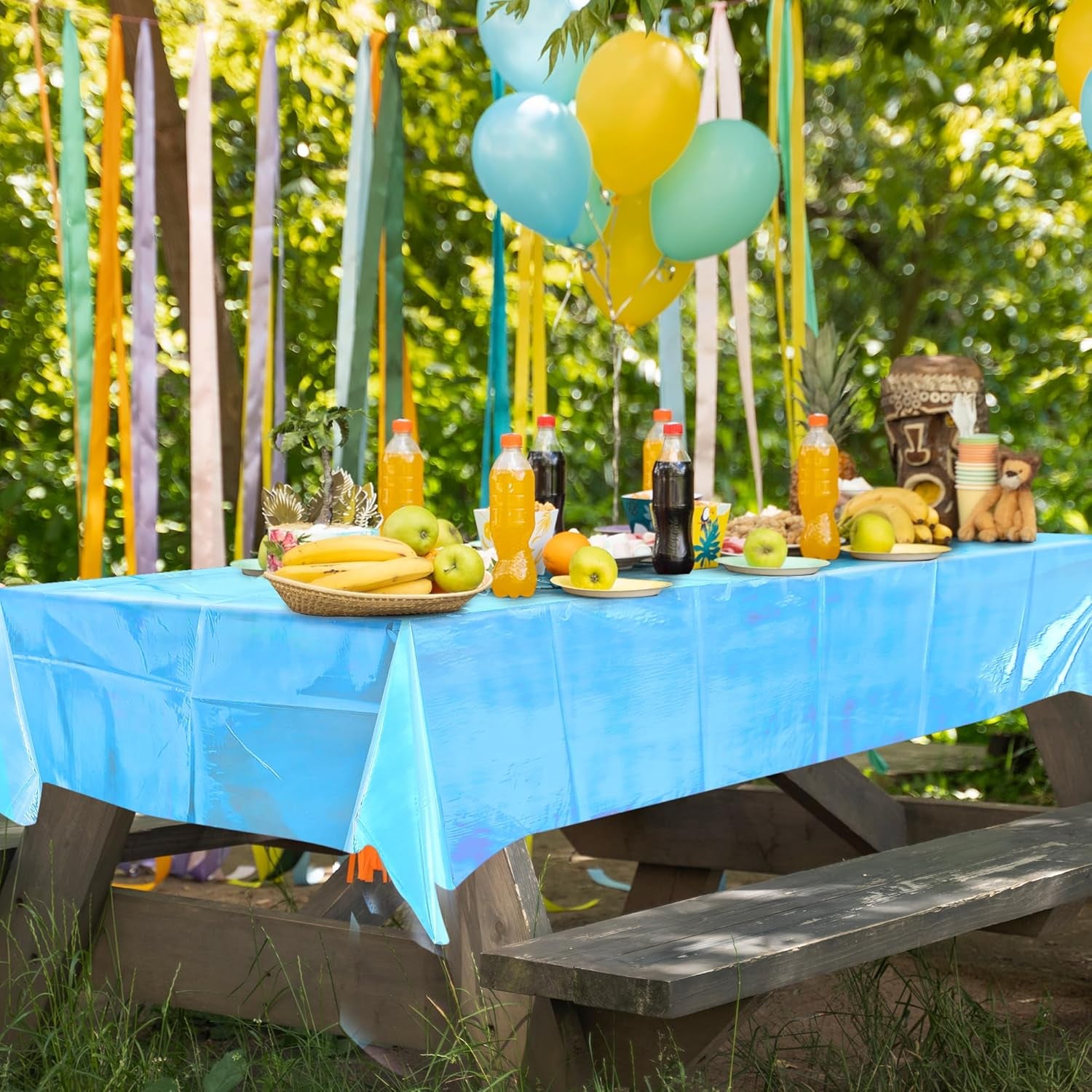 Set of 4 Blue Iridescent Disposable Tablecloths - 40 x 108 Inches Shiny Laser Finish - Holographic Plastic Table Covers for Party Decorations, Weddings, and Banquets