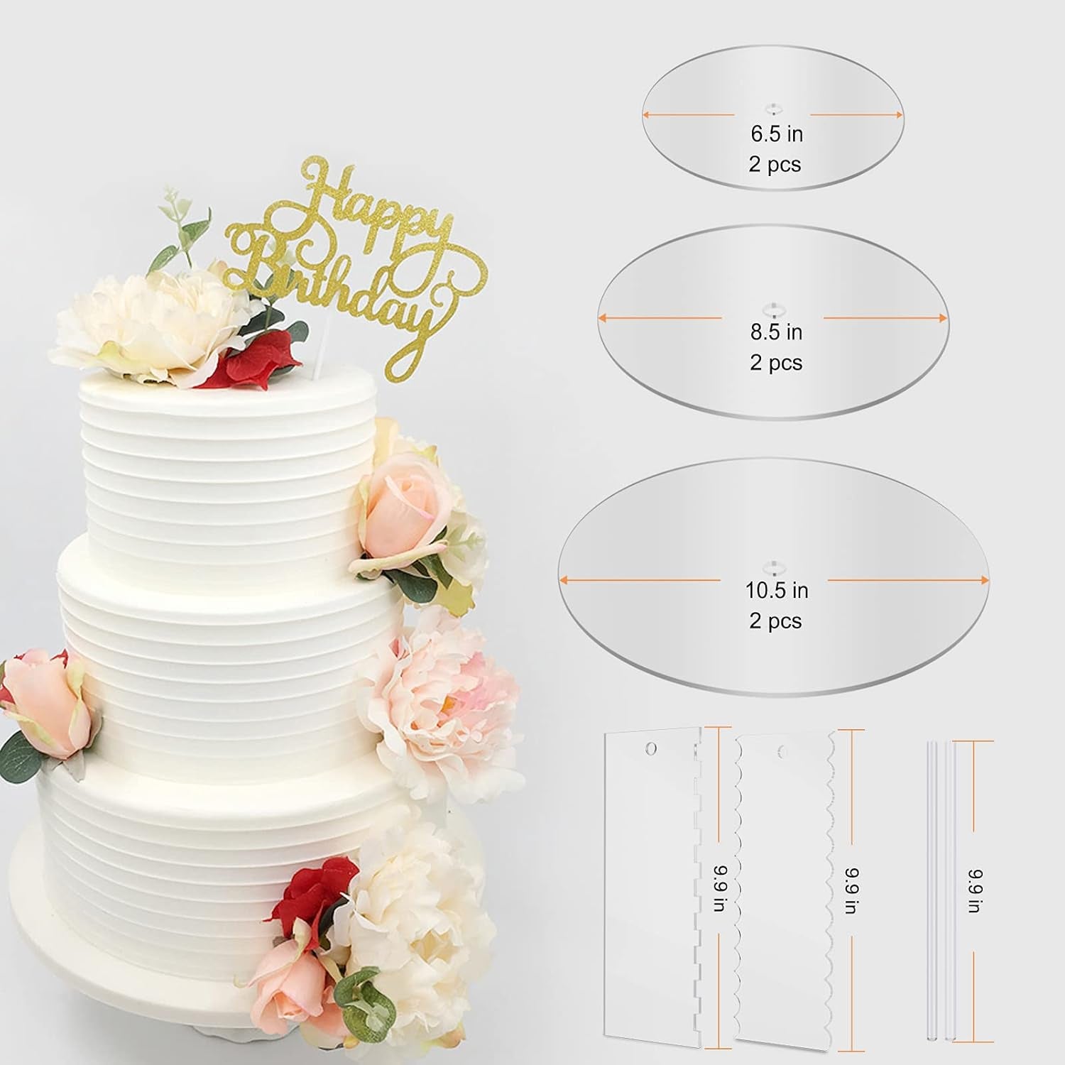 Acrylic Round Cake Discs Set (6.5”, 8.5”, 10.5”) with Dual Circles for Each Size, Includes Comb Icing Scraper and Edge Smoother Cream Scraper