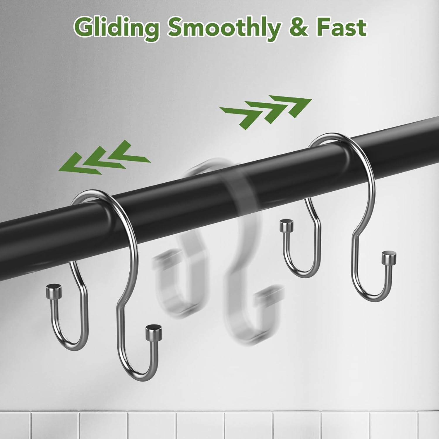 Shower Curtain Hooks, Black Shower Curtain Rings, Sturdy Simple Double Hook Shower Curtain Hooks Rust Proof, Smooth Gliding Metal Shower Hooks for Shower Curtain Rod (Chrome, 12 Pack)