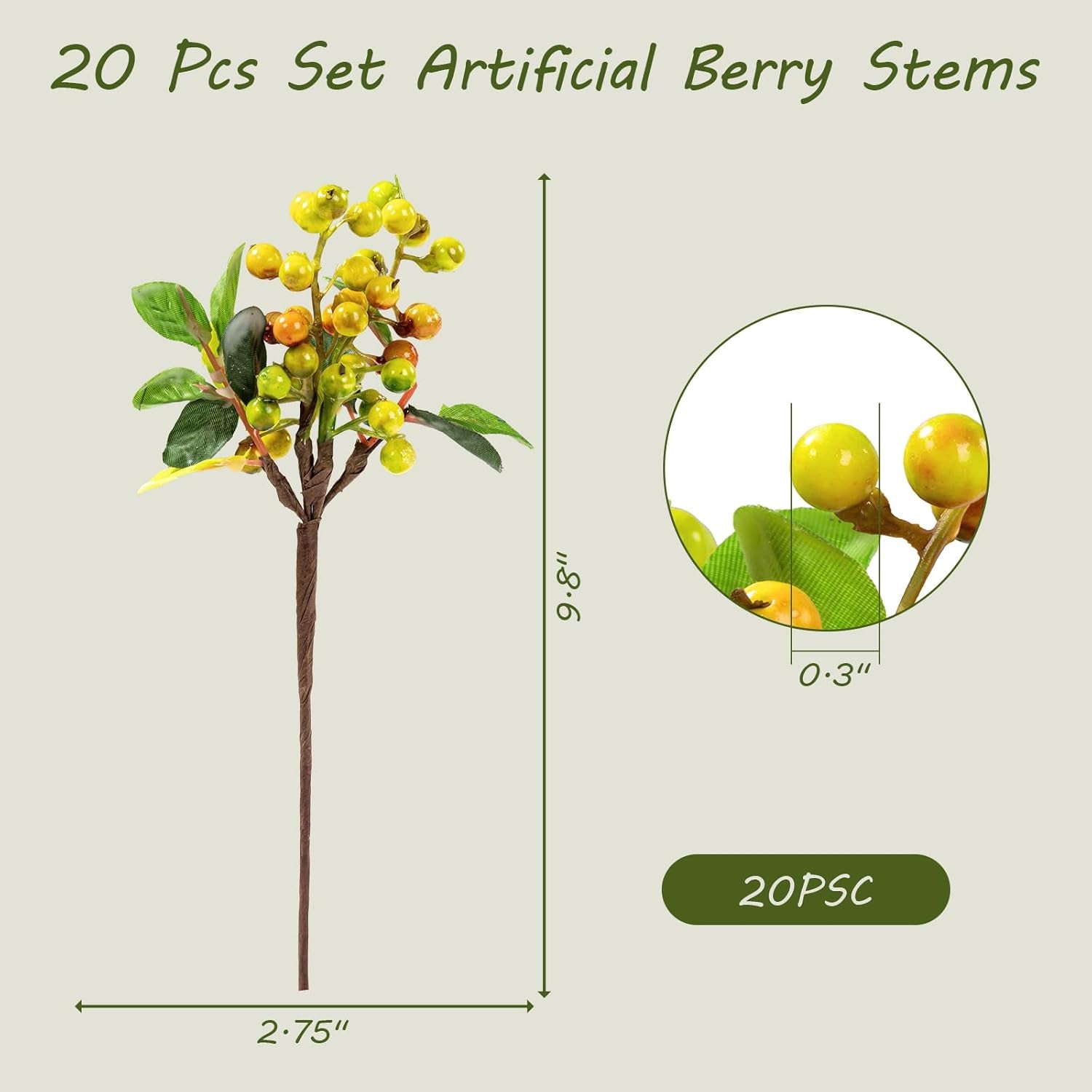 Artificial Orange Fall Berry Stems 20 PCS Fake Berries Branches Spray with Green Leaves 9.8 Inch Small Berry Picks for Thanksgiving Christmas Floral Crafts Home Decor, Orange Yellow