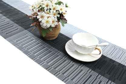 Woven Vinyl Table Runners PVC Table Runners 12 X 36 Inch Wipe Clean Reversible Plastic Weave Tabletop Counter Decor Mats Indoor Outdoor, Ombre Black and Gray