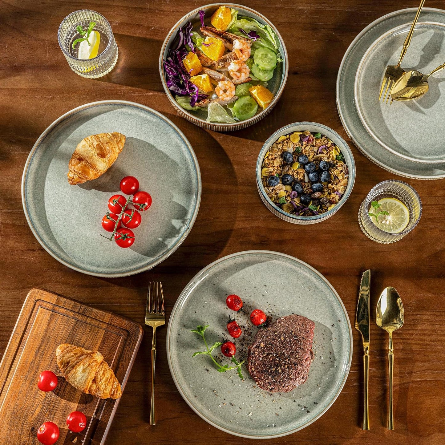 Stoneware Dinnerware Set for Four - Round Reactive Glaze Ceramic Plates and Bowls, 12-Piece Set, Highly Scratch Resistant, Dishwasher and Microwave Safe