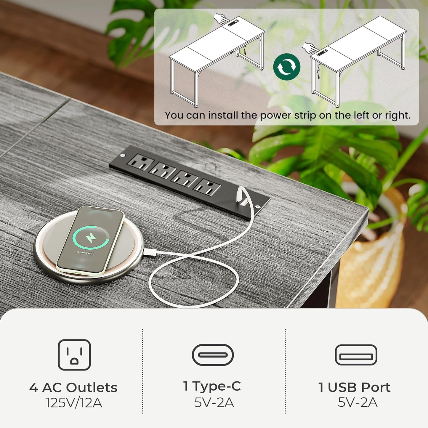 63 x 24 Inch Heavy-Duty Computer Desk with Power Outlets & USB-C, Enhanced Desktop Thickness, Sturdy Metal Frame, Ideal for Home Office and Gaming, Grey Finish