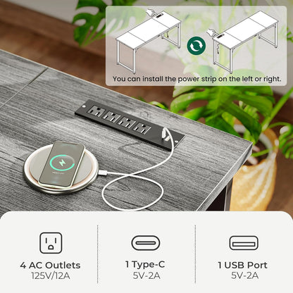 63 x 24 Inch Heavy-Duty Computer Desk with Power Outlets & USB-C, Enhanced Desktop Thickness, Sturdy Metal Frame, Ideal for Home Office and Gaming, Grey Finish