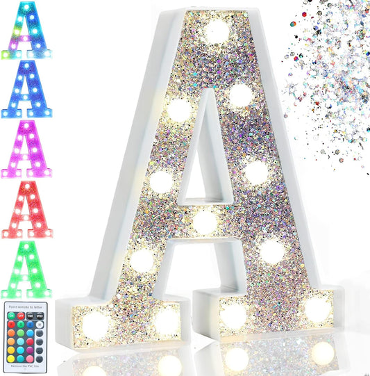 Colorful Light up Letters, Silver LED Marquee Letter Lights Battery Operated,16 Colors Glitter Alphabet Letter Sign Night Lights for Girls Birthday Party Wedding Bedroom Decoration, Letter A