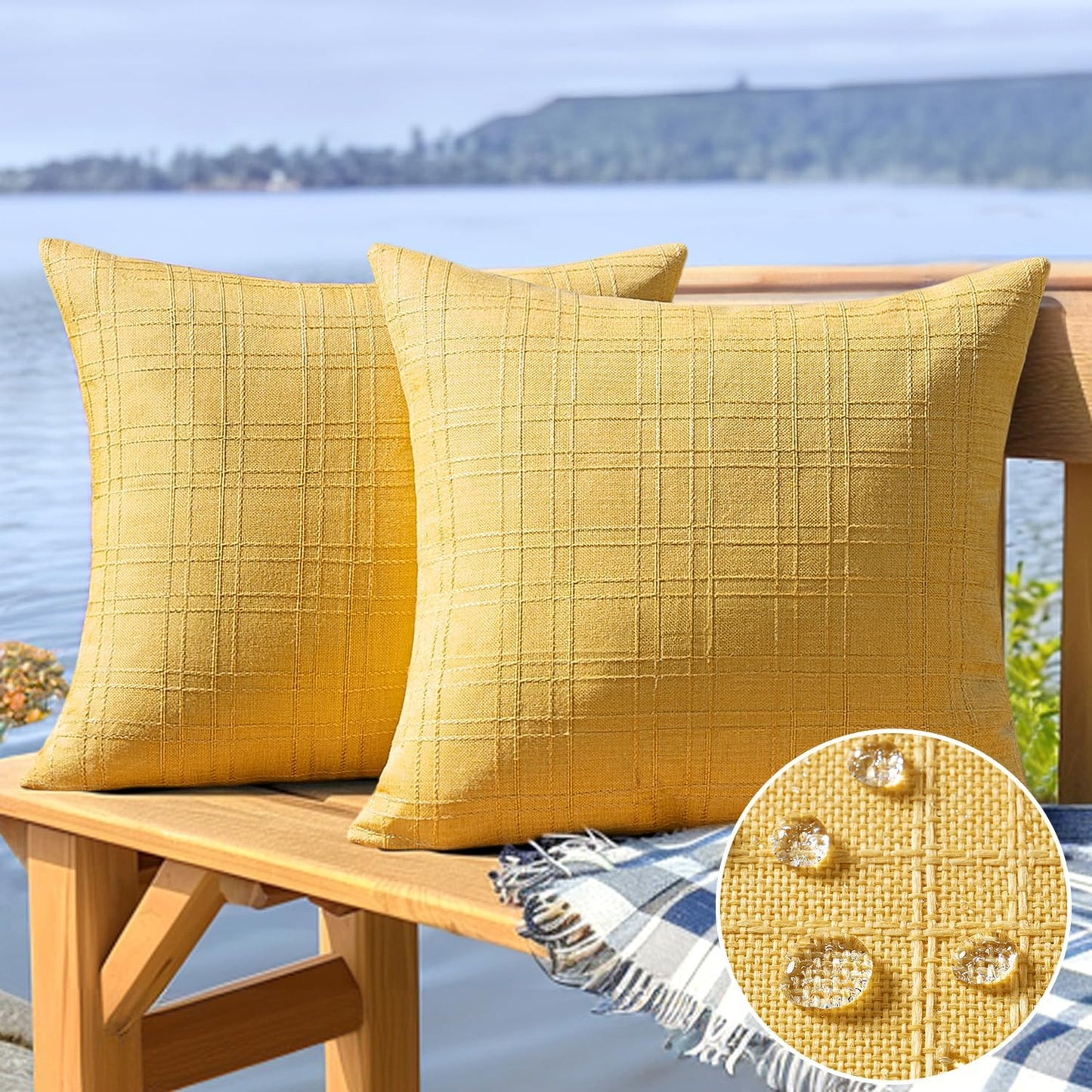 Outdoor Waterproof Throw Pillow Covers Decorative Farmhouse Water Resistant Cushion Covers for Tent Patio Garden Couch Sofa Pack of 2, 18X18 Inch Yellow