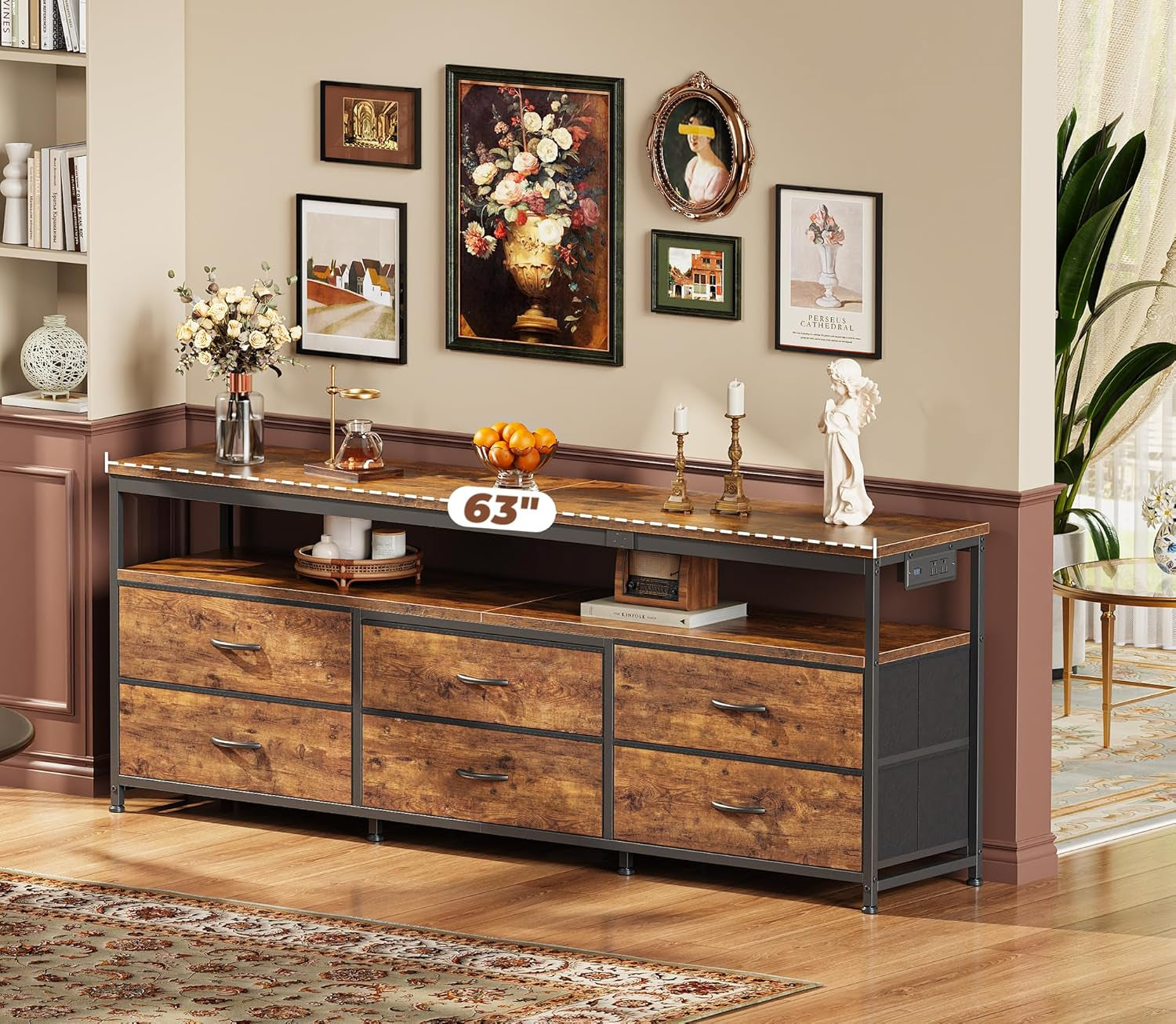 63-Inch TV Stand for 55 to 70 Inch TVs, Rustic Entertainment Center with Power Outlets and Fabric Drawer Storage for Bedroom and Living Room