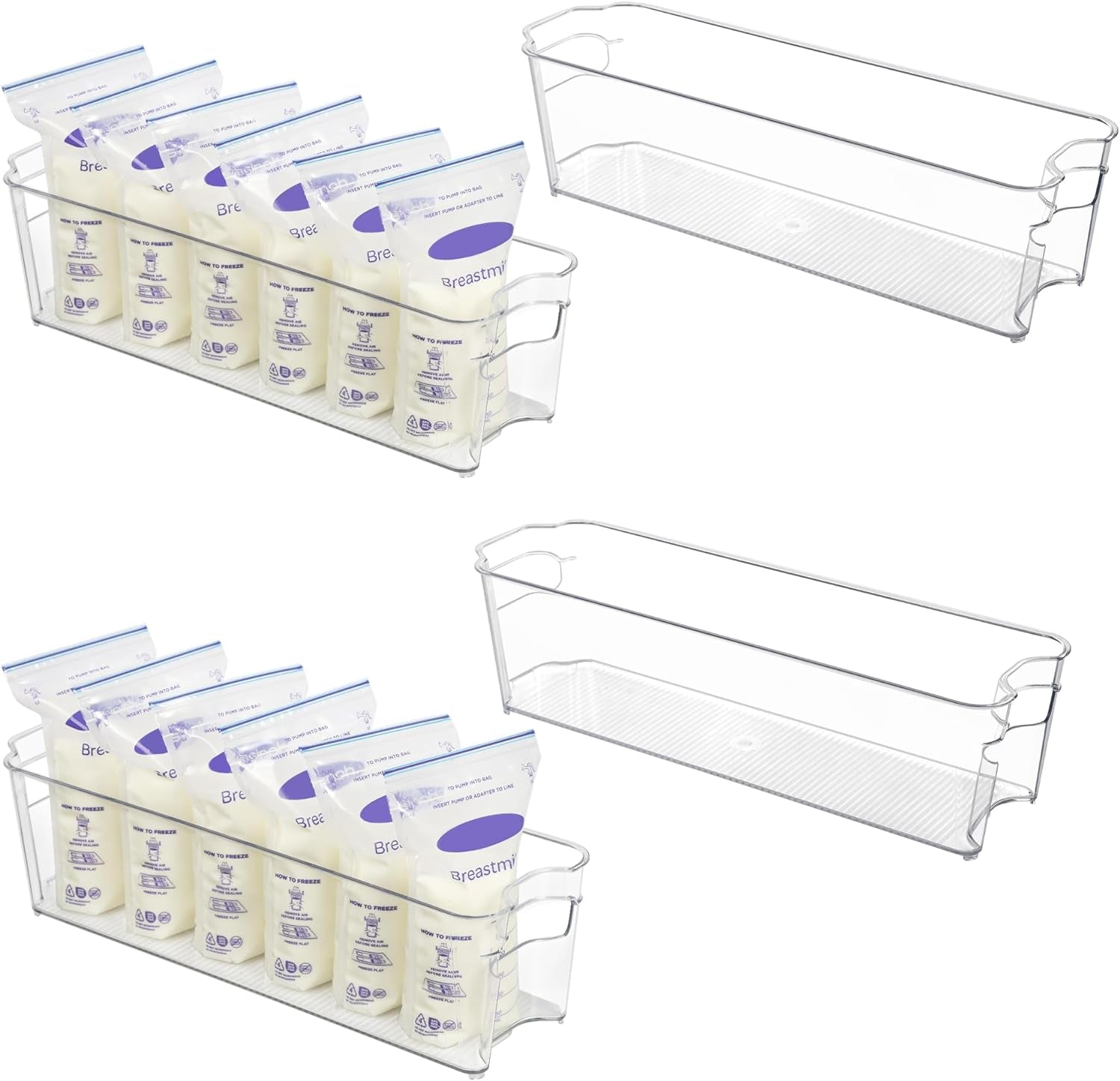 Breastmilk Storage Container 4PCS Set, Clear Freezer and Fridge Organizer Bins, Plastic Storage Bins for Breast Milk, Baby Pouches, Formula, Bottles and Yogurts, 4.3’’ Width, 14.7" Long