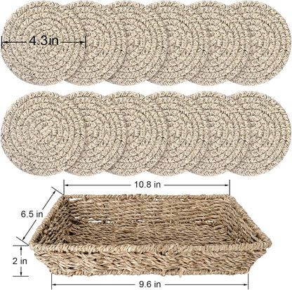 12 Pcs Handmade Woven Coasters for Drinks, Absorbent and Insulating Cotton Coasters with Seagrass Basket Holder Set, Boho Perfect for Coffee Table and Home Decor