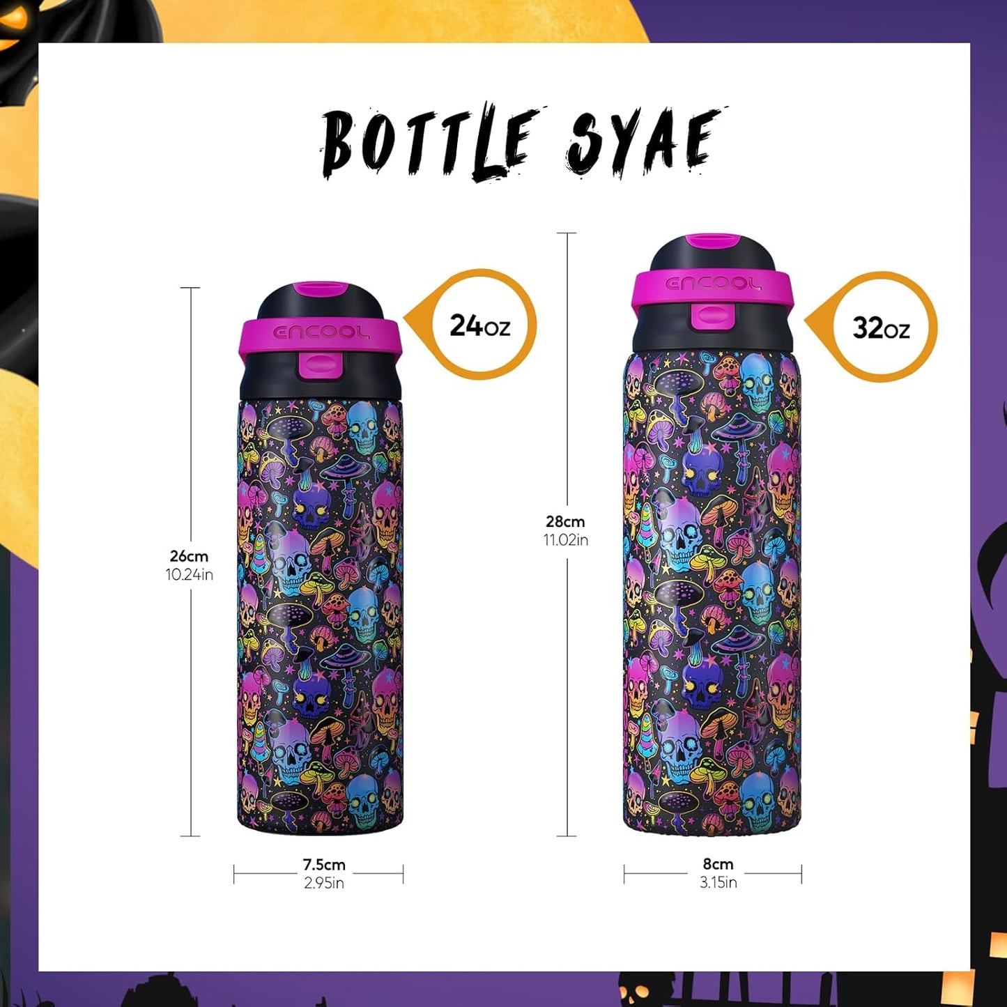 Halloween Gothic Water Bottle with Straw, Stainless Steel Insulated Water Bottle,Leak Proof, One-Touch Flip Lid, BPA Free, Holiday Gifts for Women Men, 24Oz, Trippy Skulls