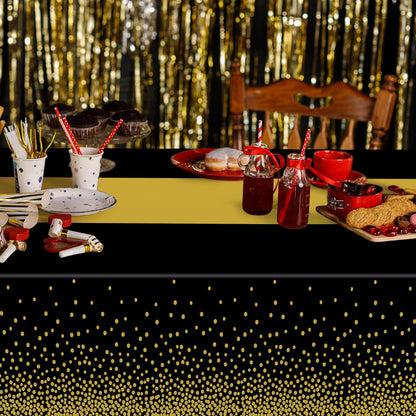 4Pack Black and Gold Tablecloths for Events, 54" X 108" Plastic Table Cloth Disposable for Rectangle Tables, Waterproof Table Cloth Cover for New Years Eve Decorations Holiday Birthday Wedding Dining