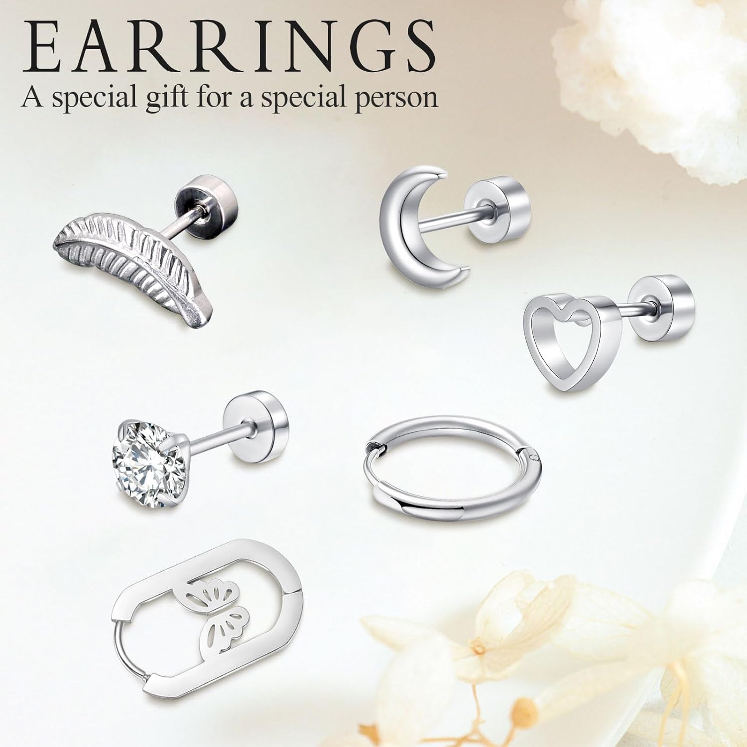 6 Pairs Stainless Steel Stud Earrings Set for Women Men Moon Heart Leaf Butterfly Circle CZ Studs Hypoallergenic Tiny Cartilage Stud Earrings Flatback Earrings