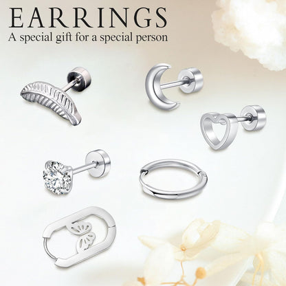 6 Pairs Stainless Steel Stud Earrings Set for Women Men Moon Heart Leaf Butterfly Circle CZ Studs Hypoallergenic Tiny Cartilage Stud Earrings Flatback Earrings