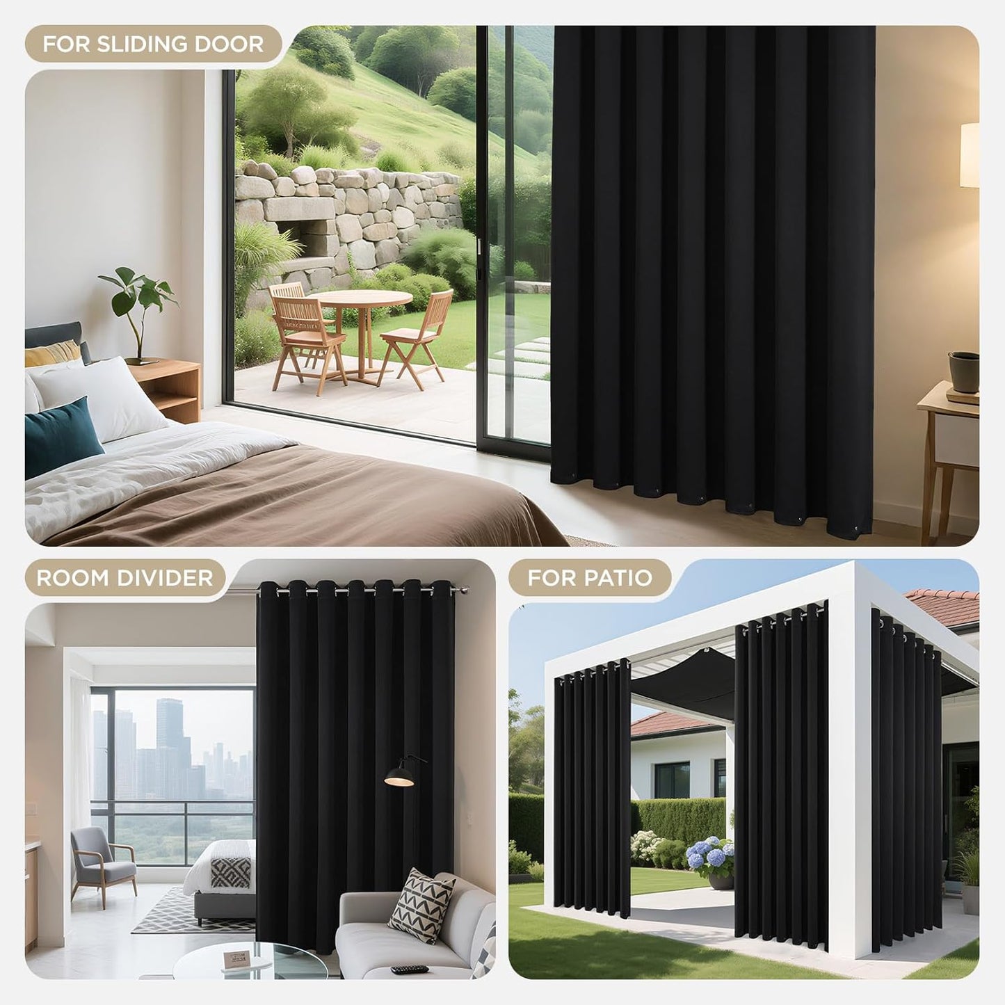 Blackout Patio Sliding Door Curtains - 84 Inches Long, Grommet Privacy Room Divider, Extra Wide Thermal Blackout Drapes for Bedroom and Living Room (Black, 100Wx84L, 1 Panel)
