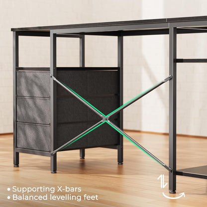 L-Shaped Office Desk with Power Outlets, 47-Inch Computer Desk featuring 3 Drawers and Shelves for Gaming, Home Office, and Study in Black