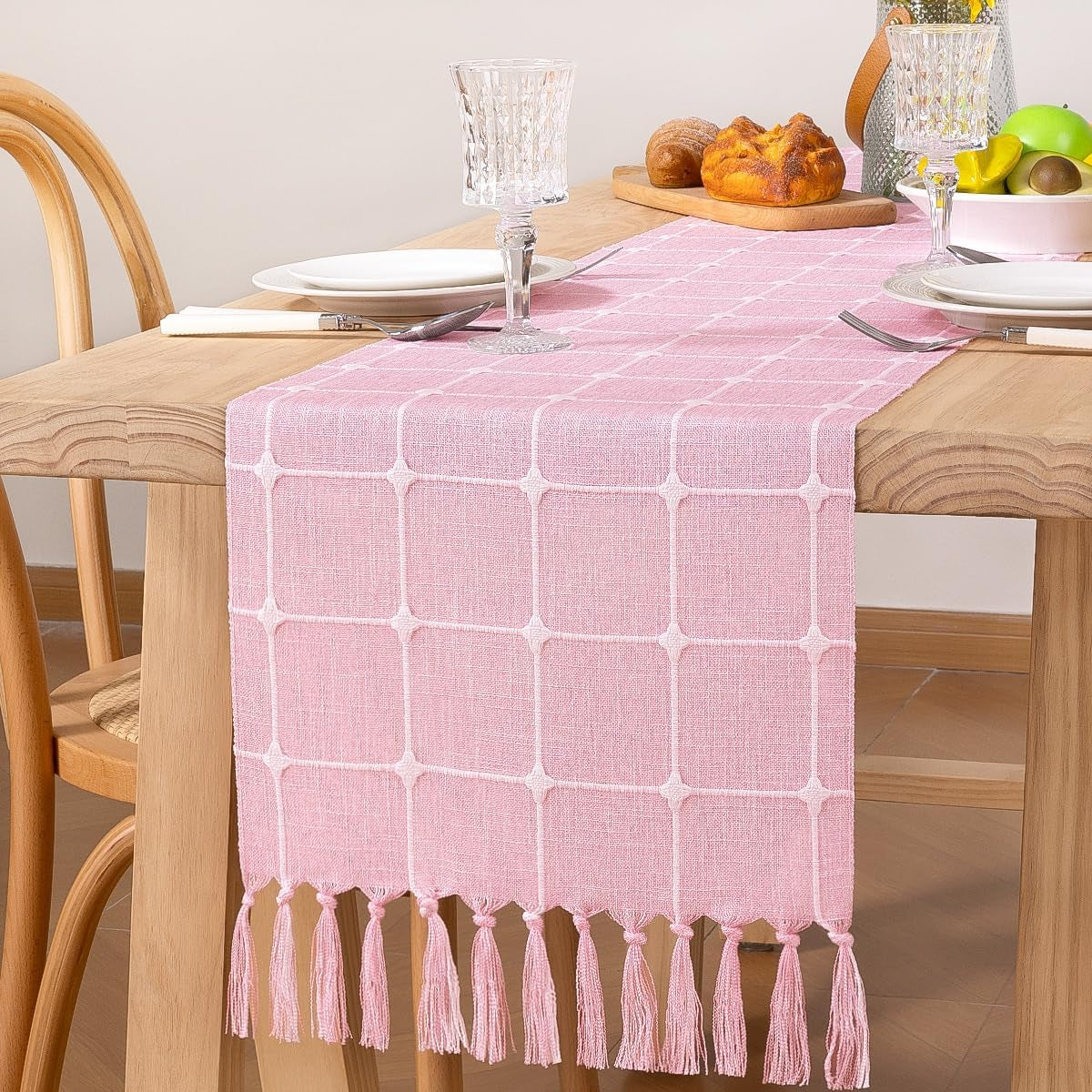 Farmhouse Table Runner 48 Inches Macrame Plaid Coffee Table Runner Cotton Rustic Fall Thanksgiving Table Runner with Tassels for Boho Home Decor Dining Living Room 13X48 Inches Pink