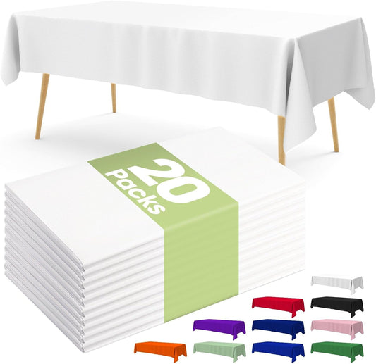 Plastic Table Cloth Disposable 20 Pack, 54 X 108 Inch Table Cloths, Party, Picnic, Wedding, Decorative Tablecloths, Rectangle, White Plastic Cover, Leakproof & Sturdy, White