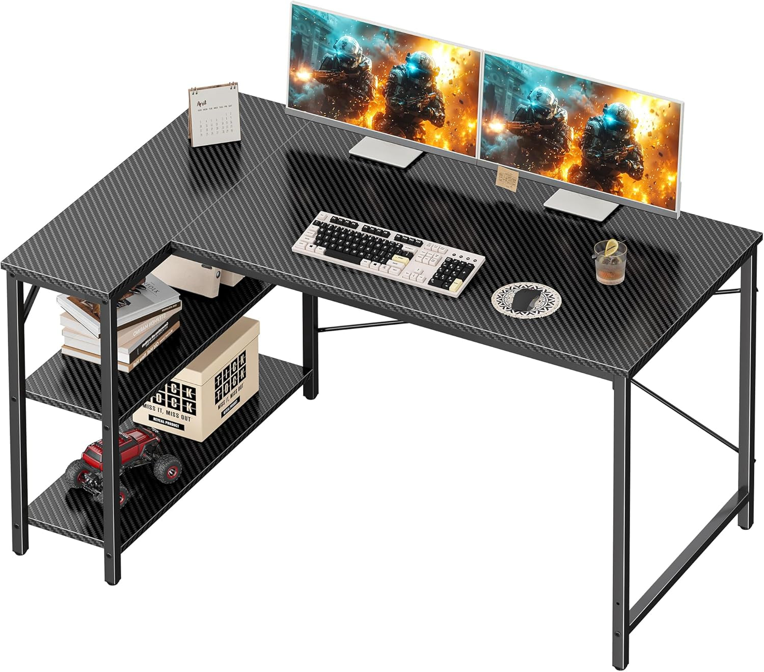 L-Shaped 47-Inch Gaming and Home Office Desk with Reversible Storage Shelves and Metal Frame in Carbon Fiber Black