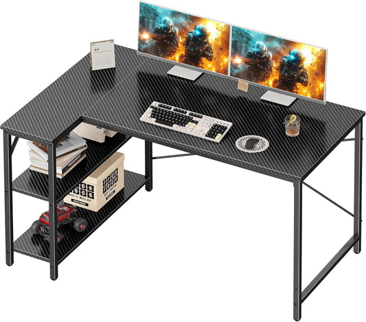 L-Shaped 47-Inch Gaming and Home Office Desk with Reversible Storage Shelves and Metal Frame in Carbon Fiber Black