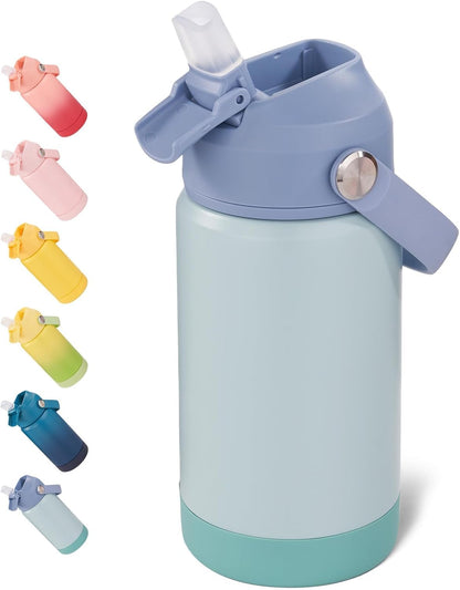 12 Oz Water Bottle, Kids Water Bottles for School, Toddler Water Bottle with Straw & Handle, 304 Stainless Steel Insulated Water Bottle, Non-Slip Silicone Base, BPA Free, Haze Blue