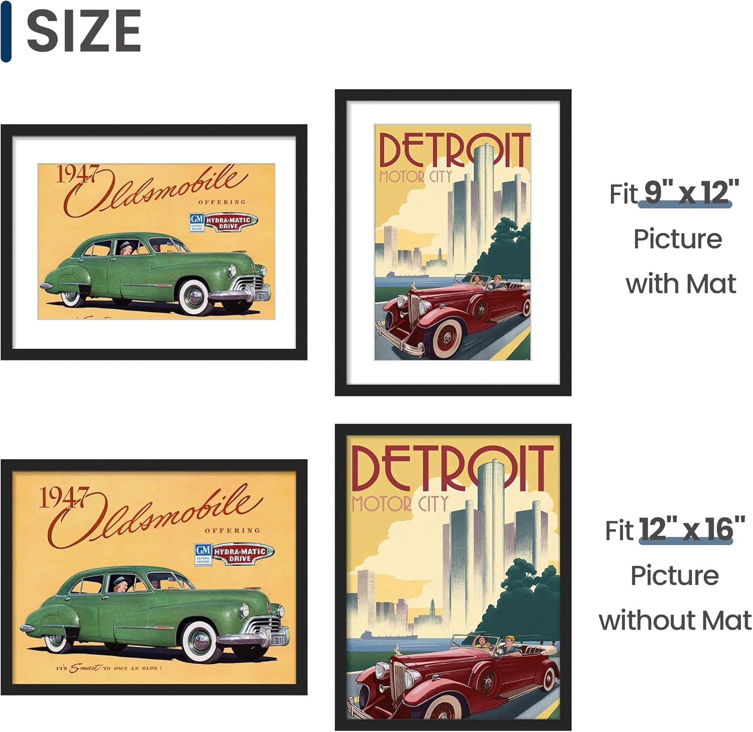 12X16 Picture Frame, Display Poster 9X12 with Mat or 12 X 16 without Mat, Wall Gallery Photo Frames, Black, 2 Pack
